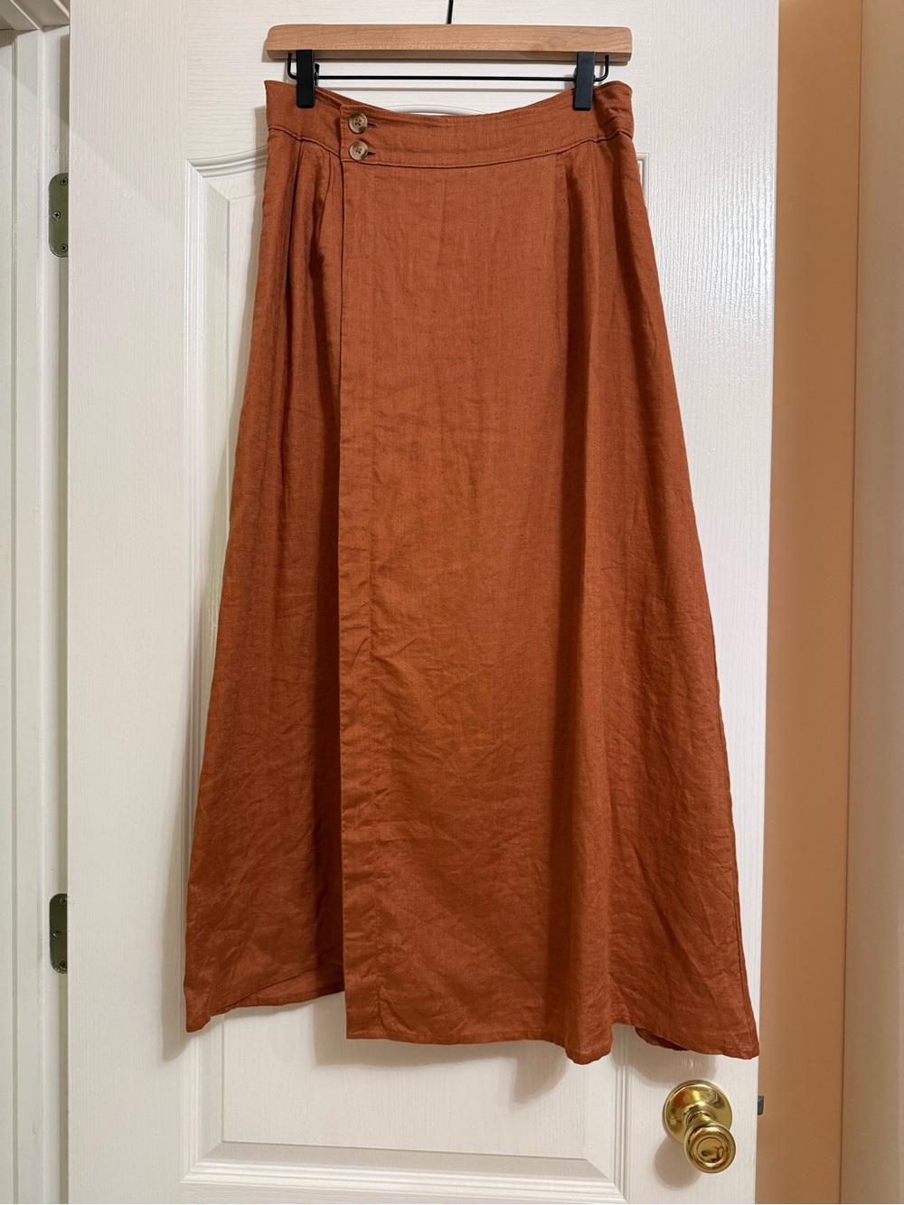 Anthro Rust Midi Wrap Linen Skirt with Button Waist